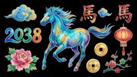 Colorful horse illustration with Chinese zodiac elements, gold coins, lantern, peony flower, and 2038 text. Isolated on transparent background, ready for t-shirts, clipart, stickers, sublimation, and print-on-demand designs.
