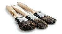 Paint brushes with natural bristles and wooden handles arranged in row on white background, isolated for design projects and creative work.
