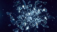 Shattered glass fragments explosion with sparkling reflections on dark blue background for dramatic design projects and creative compositions.