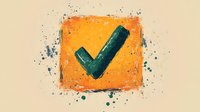 Green checkmark on orange square background with artistic paint splatter effect and grunge texture creates dynamic approval symbol.