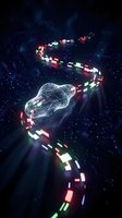Digital wireframe car model with glowing neon data packets flowing through dark space, representing autonomous vehicle technology, connected transportation, and smart mobility solutions.
