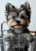 Adorable Yorkshire Terrier puppy with fluffy fur peeking out from metal shopping basket, looking directly at camera with bright eyes and sweet expression.