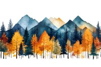 Watercolor mountain landscape with autumn forest, orange and yellow trees against blue peaks, misty wilderness scenery in panoramic view.