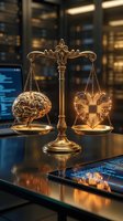 Golden scales of justice balancing human brain and circuit board representing ethics in artificial intelligence and technology law decisions.
