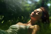 Young Caucasian woman with closed eyes relaxing in sunlit meadow, face tilted toward warm sunbeams through green foliage, expressing serenity and mindfulness.