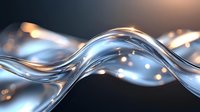 Flowing liquid metal wave with glowing light effects on dark background creates dynamic abstract composition with smooth curves and reflective surface.