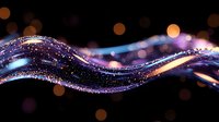 Magical glowing wave with purple and blue light trails against dark background, sparkling particles and bokeh effects create ethereal flowing motion.