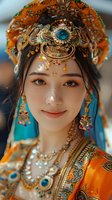 Young woman wearing ornate traditional Asian ceremonial costume with turquoise and orange details, elaborate headdress with jewels and pearls, smiling gently at camera.