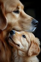 Golden retriever adult and puppy in profile against dark background, showcasing family bond and pet companionship for greeting cards and animal-themed designs.