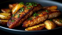 Grilled salmon fillets with crispy skin and golden potatoes on dark plate, garnished with fresh herbs. Close up view shows juicy texture and caramelized surface.