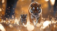 Majestic Bengal tiger and cub walking through glowing golden grass at sunset, with bokeh light effects creating magical atmosphere in wildlife scene.
