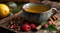 Warm herbal tea in ceramic cup with dried fruits, berries and spices on rustic wooden table. Cozy winter beverage for relaxation and wellness moments.