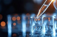 Laboratory pipette dispensing sample into glass beaker with bokeh lights background for scientific research and chemical analysis experiments.