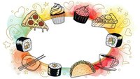 Colorful food frame with pizza, cupcakes, sushi, tacos and desserts on white background. Isolated design element for restaurant menus and culinary projects.