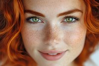 Close up portrait of young woman with bright green eyes, natural freckles, and vibrant red curly hair smiling gently at camera. Natural beauty and skincare concept.