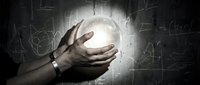 Hand holding glowing orb against dark background with mathematical equations, representing innovation, science, technology, knowledge, and future concepts for business and education.