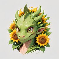 Cute green dragon character portrait surrounded by bright sunflowers, fantasy art with detailed scales and expressive amber eyes on light background.