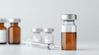 Medical vial with brown liquid medication and empty syringe on light background, pharmaceutical industry concept for healthcare and vaccination.