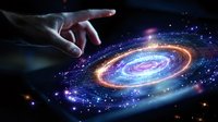 Hand reaching towards glowing spiral galaxy hologram with vibrant orange and purple cosmic swirls floating in dark space, creating futuristic technological visualization.