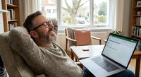 Middle-aged Caucasian man with beard and glasses relaxing on sofa with laptop, smiling while working from home in cozy living room with bookshelves.