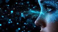 Glowing blue particles and sparkles illuminate side profile against dark background, creating magical cosmic effect for beauty and fantasy designs.