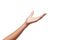 Female hand with light brown skin tone reaching upward with open palm against white background, isolated cutout for design and commercial use.