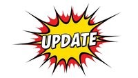 Comic book style explosion burst with UPDATE text in bold letters on yellow background with red flames and black spikes for announcements and notifications.