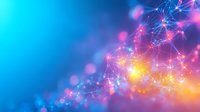 Glowing network connections with vibrant blue and pink gradient background, abstract technology concept showing interconnected nodes and digital communication lines.