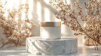 Luxury cosmetic cream jar on marble podium with golden dried flowers and soft window light shadows, elegant beauty product photography setup.