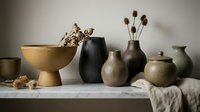 Still life arrangement featuring handcrafted ceramic vessels in earthy tones with dried botanicals, perfect for home decor, interior design, and artistic styling projects.