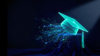 Glowing turquoise graduation cap with digital particles dispersing across dark background, symbolizing online education, e-learning, and digital knowledge transfer for academic institutions.