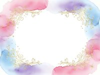 Watercolor frame with gold floral ornaments on white background. Pastel pink blue purple border design for wedding invitations greeting cards.
