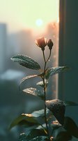 Pink rose buds with morning dew drops on green leaves against sunrise cityscape background, creating atmospheric nature photography with bokeh effect.