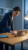 Female architect of South Asian descent examining architectural model at wooden desk in modern office with city skyline view, wearing navy blazer and wristwatch for professional design and real estate concepts.