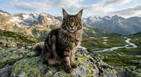 Majestic Maine Coon cat sitting on rocky mountain peak with snow-capped alpine landscape and winding road below during golden hour sunset.
