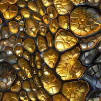 Abstract golden cellular pattern with dark borders creating organic honeycomb-like texture. Metallic surface with light reflections and shadows forms luxurious background.