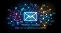 Digital email communication network with glowing connections and data nodes on dark background for technology and business concepts.