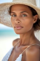 Young mixed race woman in straw sun hat enjoying summer beach day, natural makeup, blue eyes, glowing tan skin, wearing white dress, soft dreamy lighting.