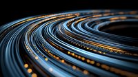 Curved fiber optic cables with glowing orange lights creating dynamic parallel lines against dark background, modern technology and connectivity concept.