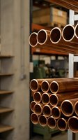 Copper pipes stacked in industrial warehouse storage facility for plumbing construction and manufacturing supply chain distribution operations.