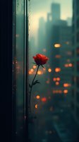 Single red rose against window with rainy cityscape backdrop and bokeh lights creating moody atmospheric scene in teal and orange tones.