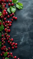 Fresh red currant berries with green leaves arranged on dark slate background, creating border design with copy space for food photography and menu design.