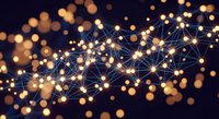 Abstract network connections with glowing nodes and golden bokeh lights on dark background for technology and communication concepts.