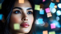 Young Asian woman with red lips gazing upward against dark background with colorful sticky notes and bokeh lights creating dreamy atmospheric portrait.