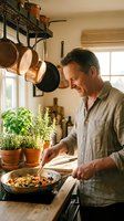 Middle-aged Caucasian man cooking healthy meal in rustic kitchen with herbs and copper cookware. Home chef preparing fresh ingredients in cozy culinary space.