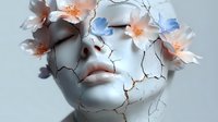 Surreal female face with cracked porcelain texture, adorned with delicate peach and blue flowers emerging from fissures. Artistic portrait expressing fragility and rebirth.