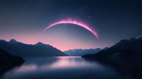 Mystical crescent moon glowing pink over tranquil mountain lake at twilight, with starry sky and ethereal reflections creating dreamy landscape atmosphere.