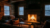 Cozy rustic log cabin interior with crackling fireplace, leather armchair and wooden coffee table creating warm atmospheric winter retreat ambiance.