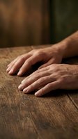 Mature male hands resting on a rustic wooden table, close-up with warm tones, conveying calm, patience, and craftsmanship.