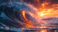 Ocean wave with glowing particles and sparkling effects at sunset. Dynamic water motion with orange and blue colors for creative projects and backgrounds.